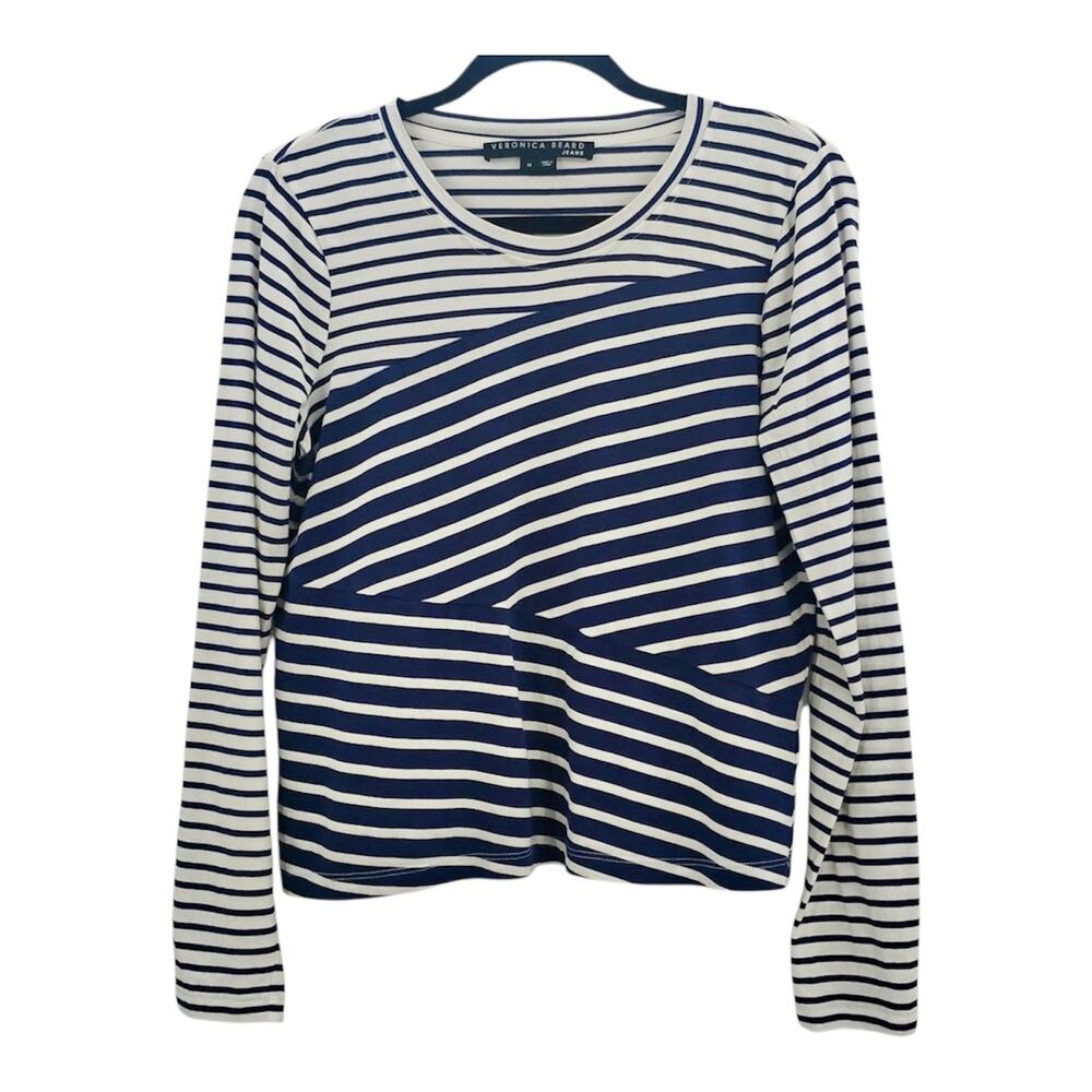 Veronica Beard Cornelia Top Asymmetrical Stripes Navy White Long Sleeves Medium